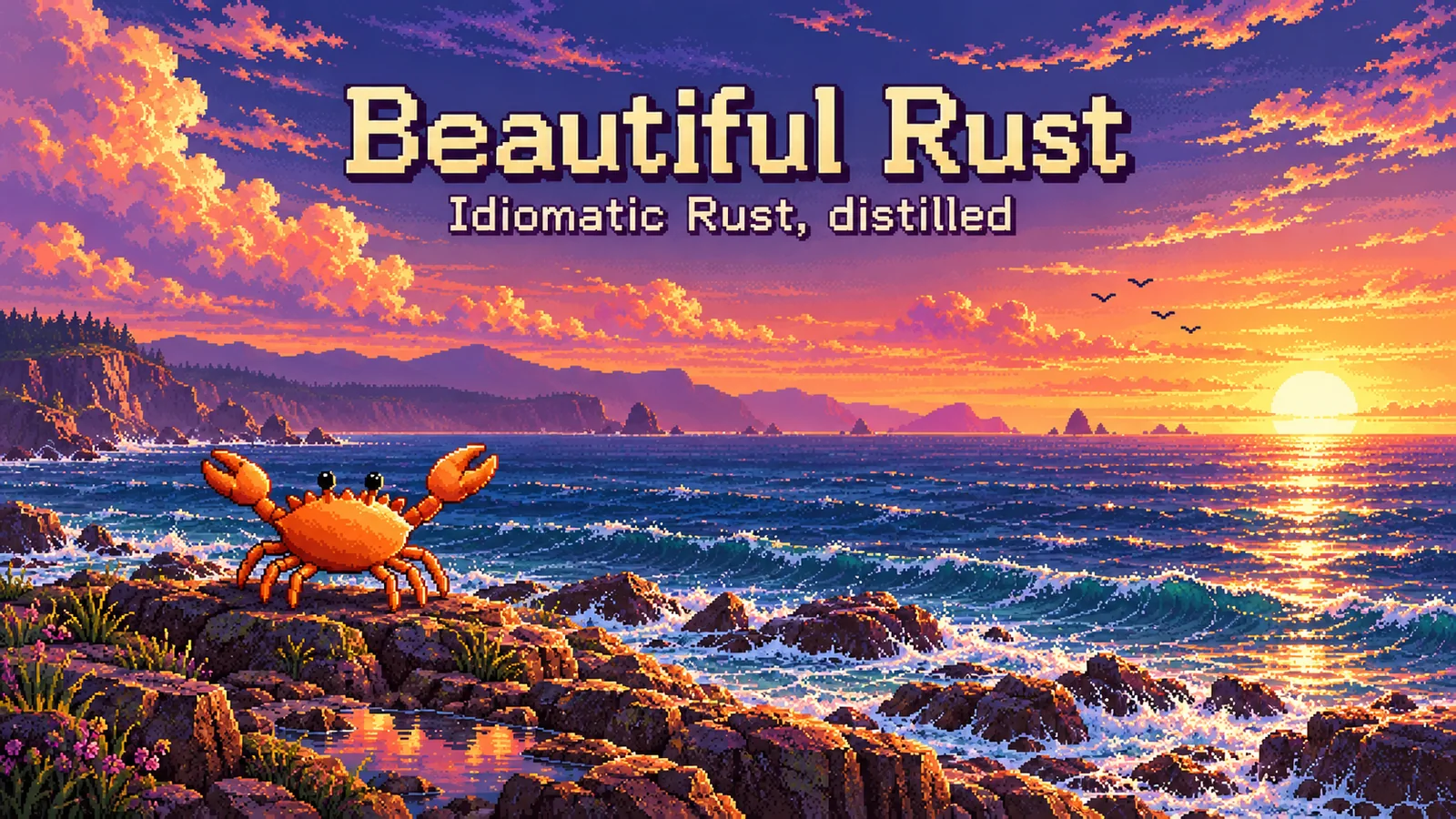 Pixel art of a crab on tide-pool rocks at sunset, under the title Beautiful Rust: Idiomatic Rust, distilled